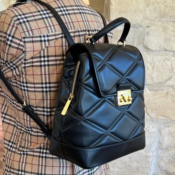 Michael Kors Serena quilted leather backpack handbag&wallet Black NWT